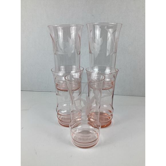 Pink Flower Etched Small Juice Glasses Depression Glass 3.5" Set Of 5 - Picture 1 of 4
